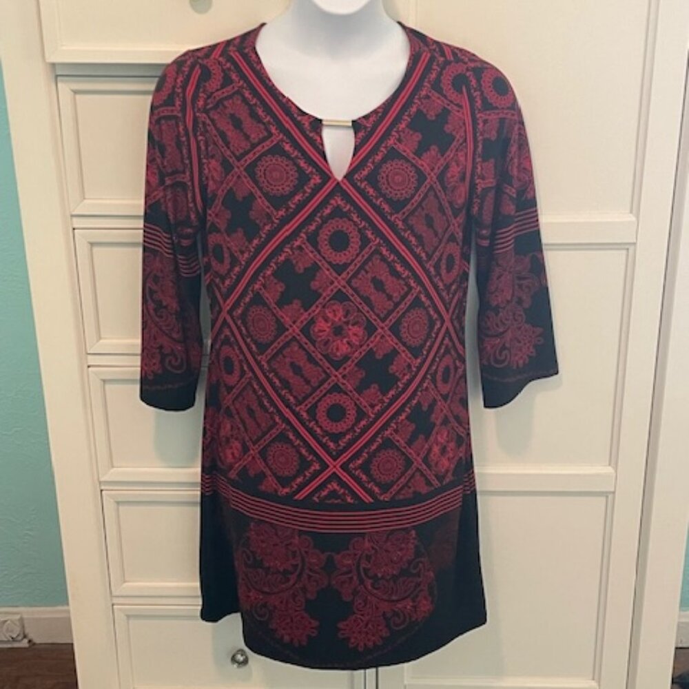 HAANI Petite XL Red/Black Patterned Dress 3/4 Sleeves